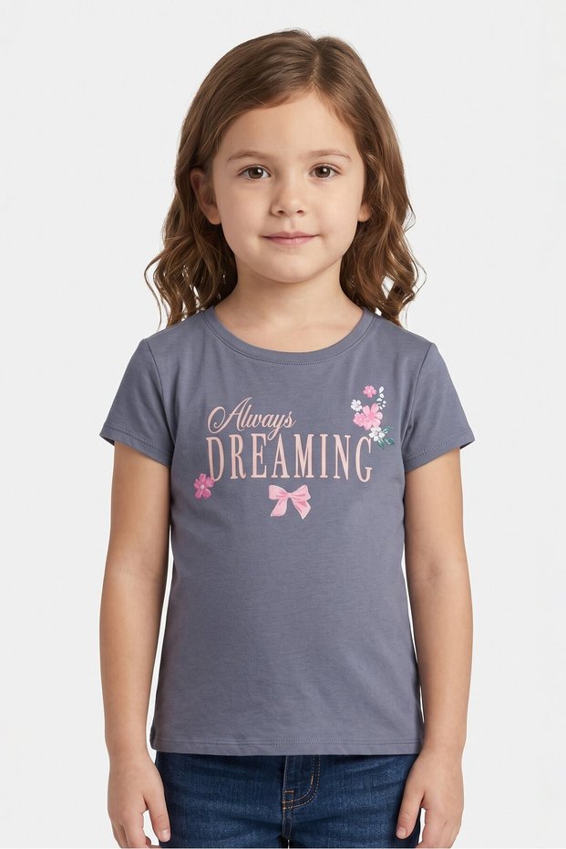 Kids Girl Crew Neck Short Sleeve Graphic Print T-Shirt, Grey