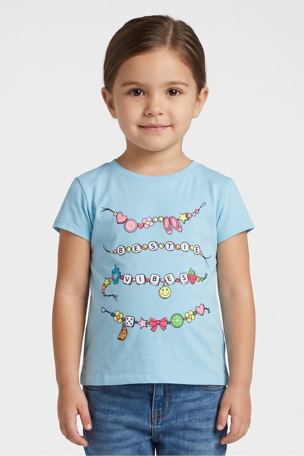 Toddlers Girl Short Sleeve Graphic Print Top, Light Blue