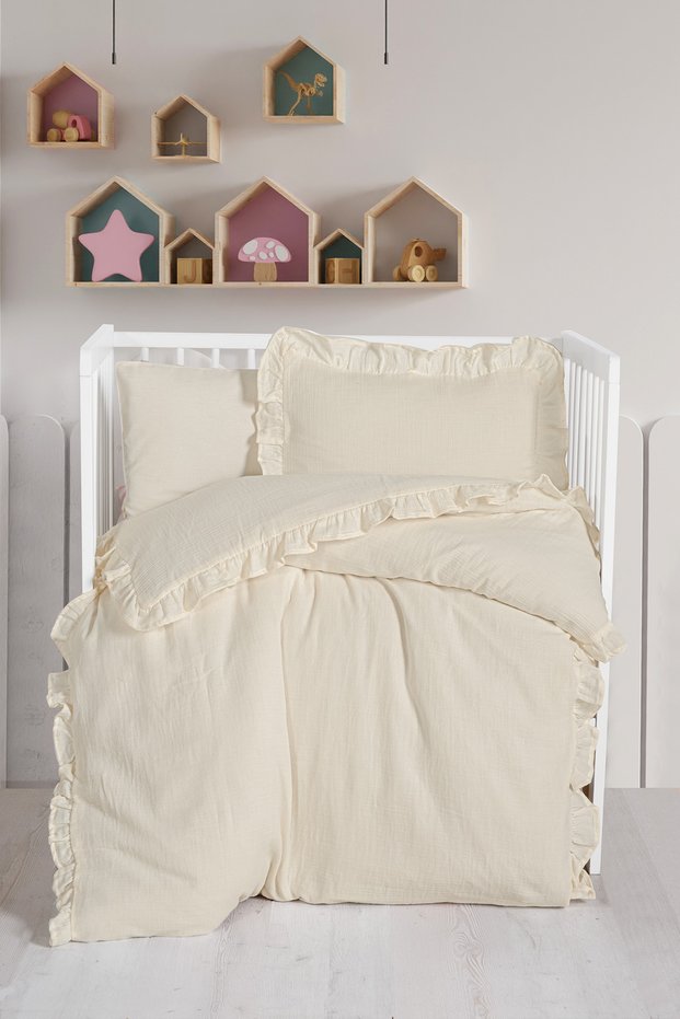 Kz Ruffled 100% Cotton Muslin Baby Duvet Cover Set - Cream
