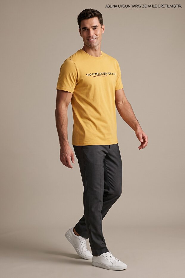 Men's Text Printed Flexible Yellow Loose T-Shirt