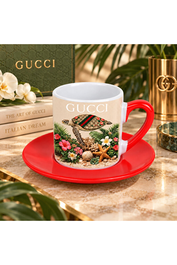 Aion Casa Luxury Tortoise and Tropical Patterned 2-Piece Turkish Coffee Cup Set