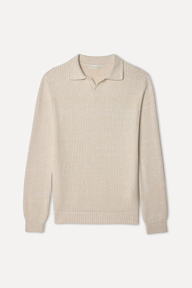 Men's Ecru Polo Collar Sweater