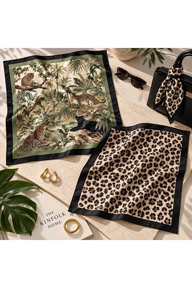 2-Piece Women's Scarf Set – Square 50X50 Bandana Scarf with Leopard Pattern and Tropical Panther Figures
