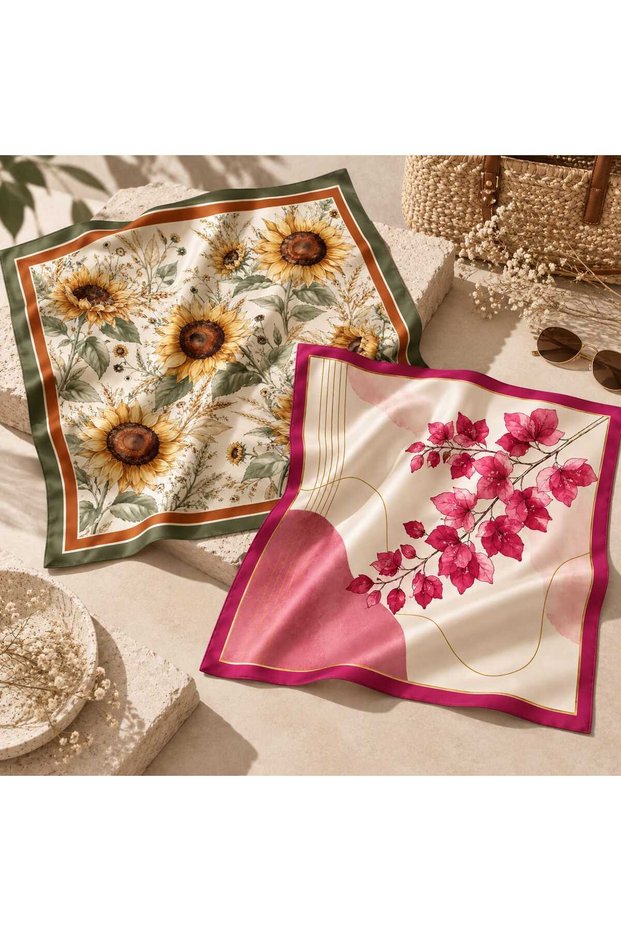 2-Piece Women's Bandana Scarf Set – Sunflower and Bougainvillea Patterned 50X50 Square Scarf