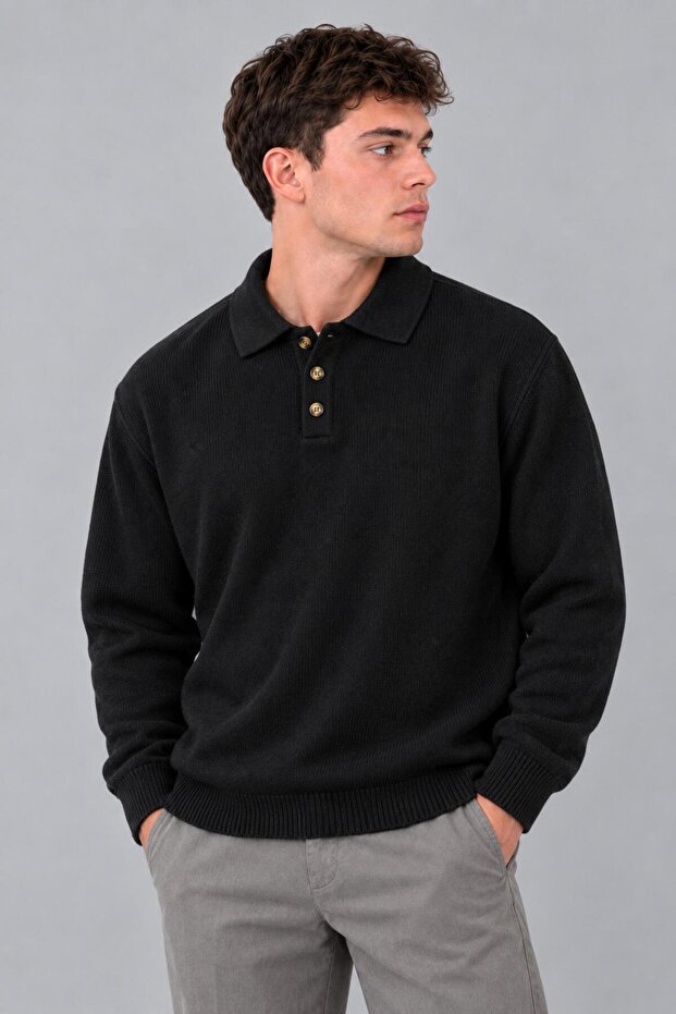 Oversize Buttoned Collar Knitted Sweater Dp 17501_10063