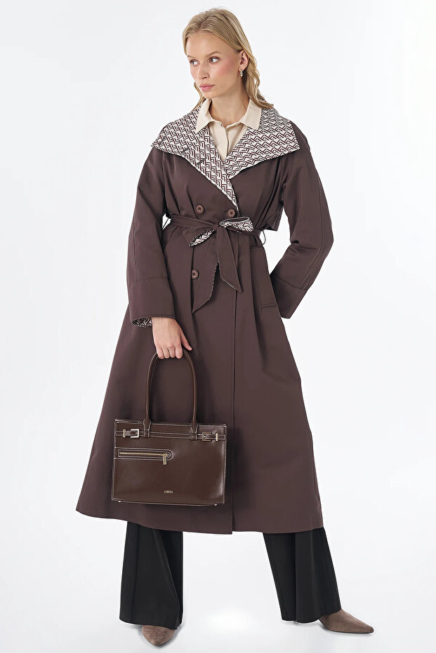 Contrast Detailed Trench Coat Brown