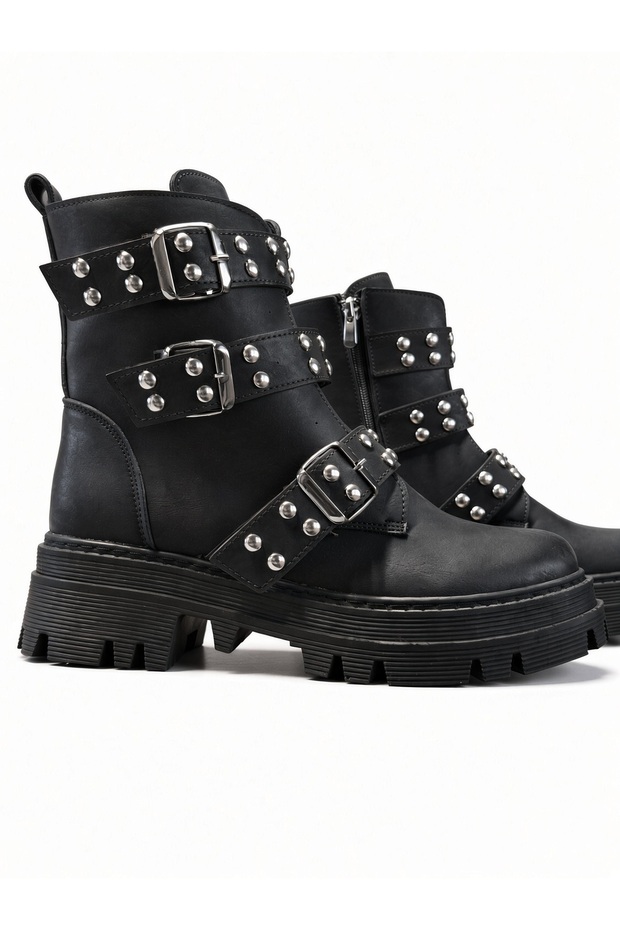 Women's Half Boots with Studded Stitched Sole, 5 cm Heel, 20 cm Length, Zippered Lace-Up Boots - Black
