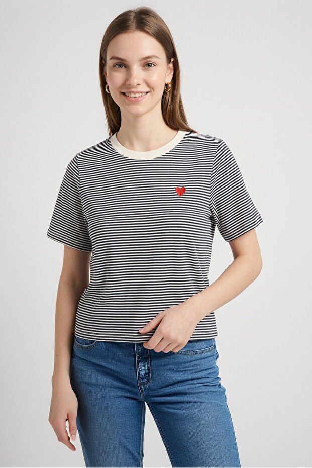 Women Crew Neck Short Sleeve Stripe T-Shirt, Multicolor