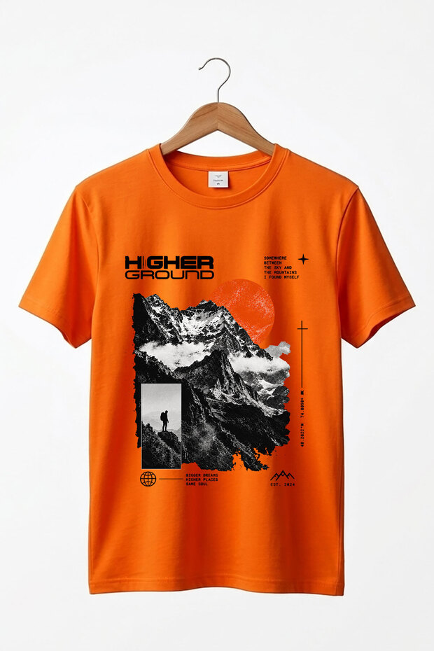 Unisex Outdoor Higher Ground Mountain Printed 100% Cotton Street Style Crew Neck Basic T-Shirt
