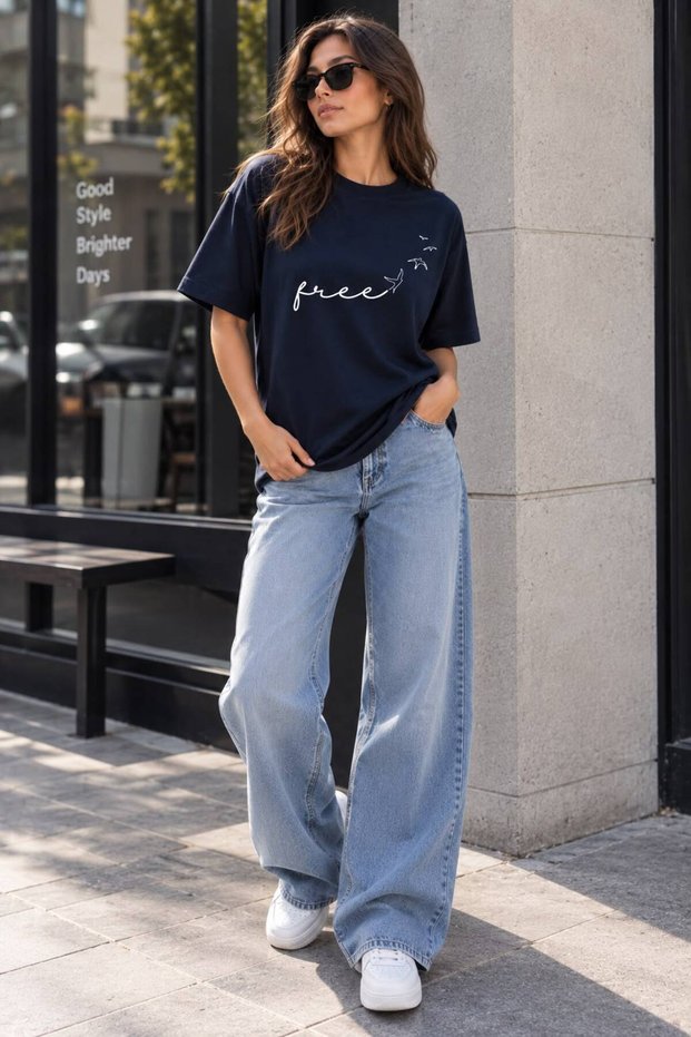 Women's Free Oversize Printed T-Shirt 100% Cotton Relaxed Fit Basic Tshirt - Navy Blue