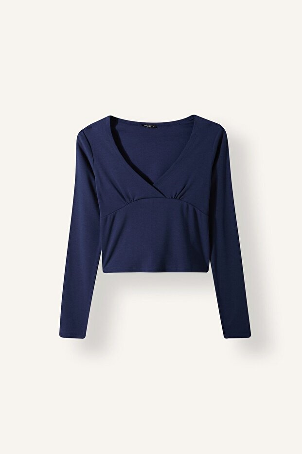 Fitted V-Neck Double-Breasted Look Ribbed Long Sleeve Crop Basic T-Shirt I6398Ax26Au
