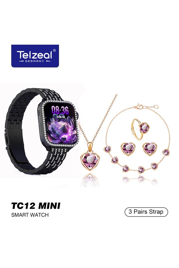 TC12 Mini 36mm 2.5D Curved Display Smart Watch With 4 Jewellery Accessories 3 Pair Straps and Wireless Charger For Ladies and Girls Black