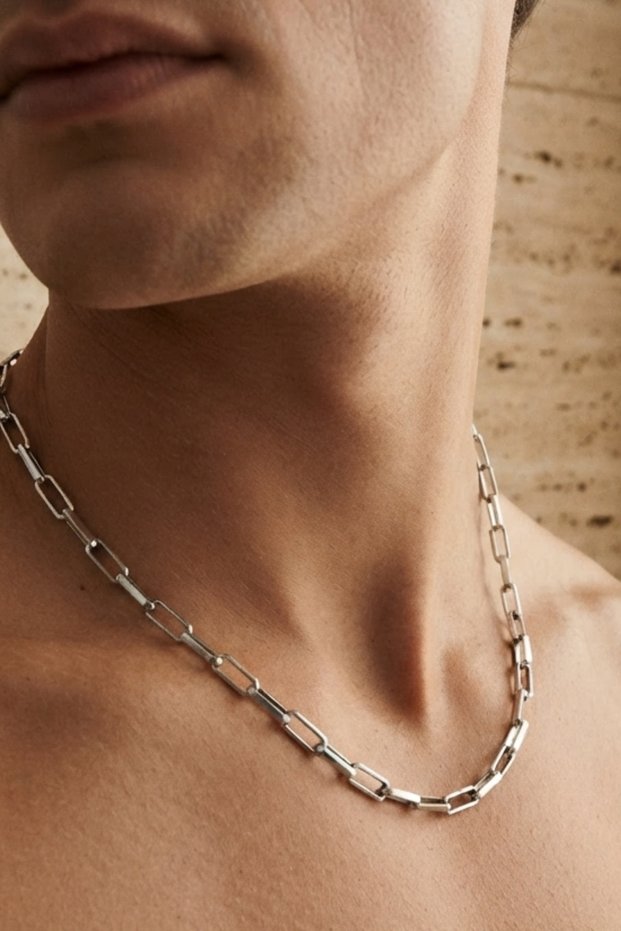 Steel Paper Clip Block Chain Necklace 4 mm Silver Color | Anti-Tarnish, Men'S, 2 Years Warranty