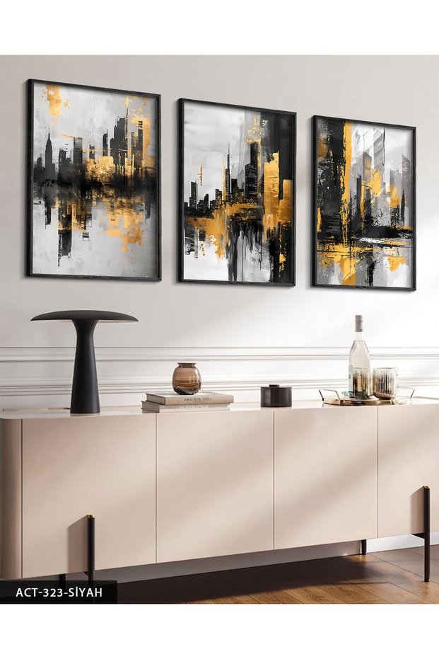 Gold Black Abstract Patterns 3 Piece Wooden Framed Painting Act