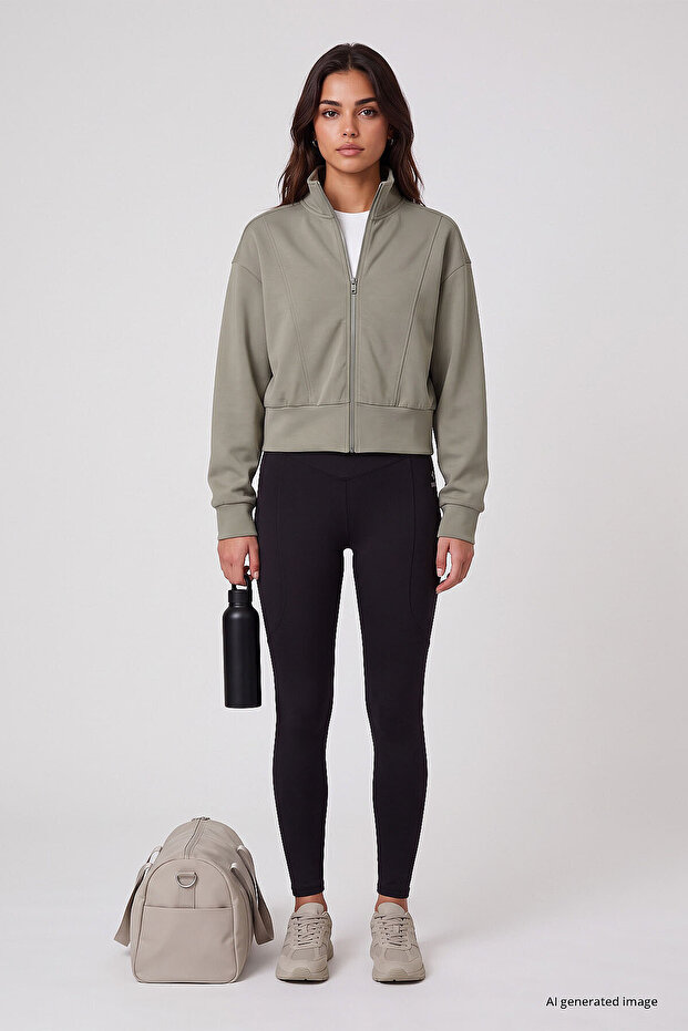 Dark Beige Stand Collar Standard Fit Crop Women's Sweatshirt - 97317
