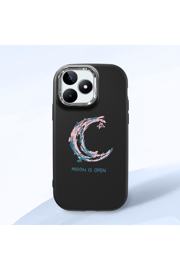 Realme C51/C53 Compatible Shock-Absorbing Camera Protected Black Silicone Case Moon and Star Pattern
