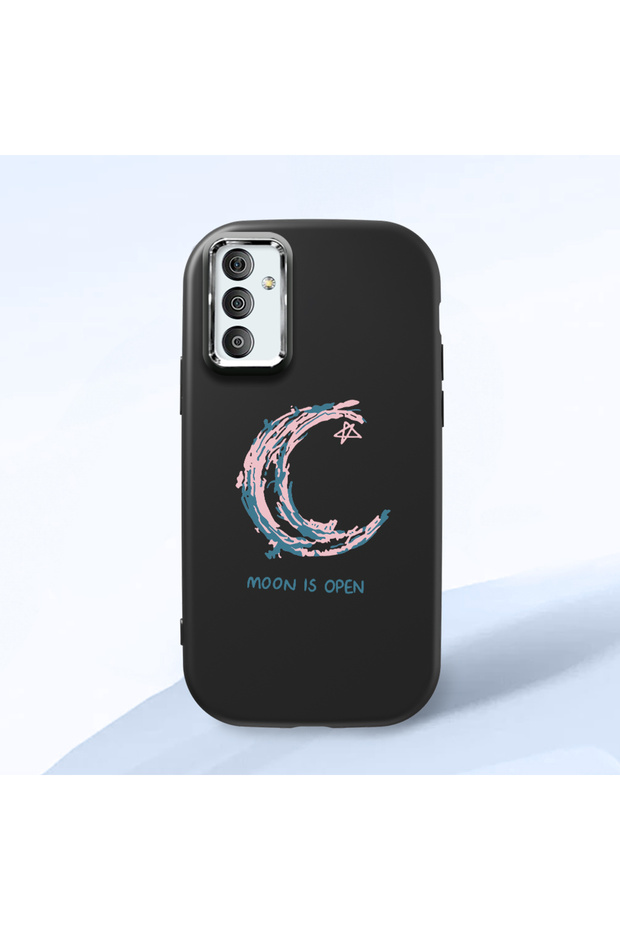 Samsung Galaxy M13 4G/M23 Compatible Shock-Absorbent Camera Protected Black Silicone Case Moon and Star Pattern