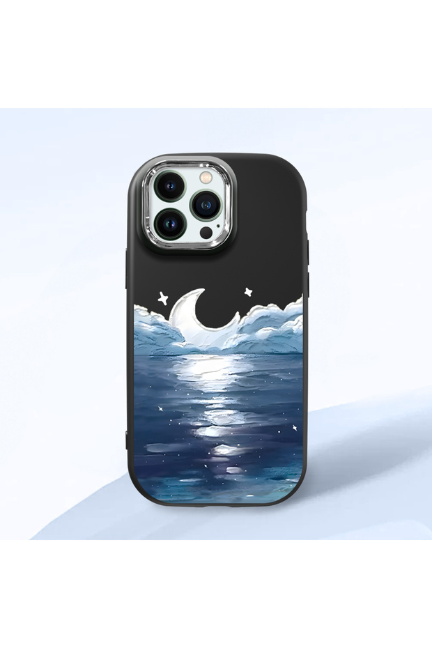 iPhone 13 Pro Max Compatible Shock-Absorbing Black Silicone Case with Camera Protection Moon Rising from the Sea