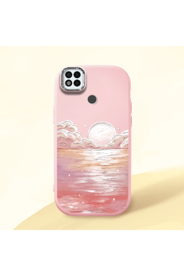 Poco C31 Compatible Shock-Absorbent Camera Protected Pink Silicone Case Sunrise at Sea