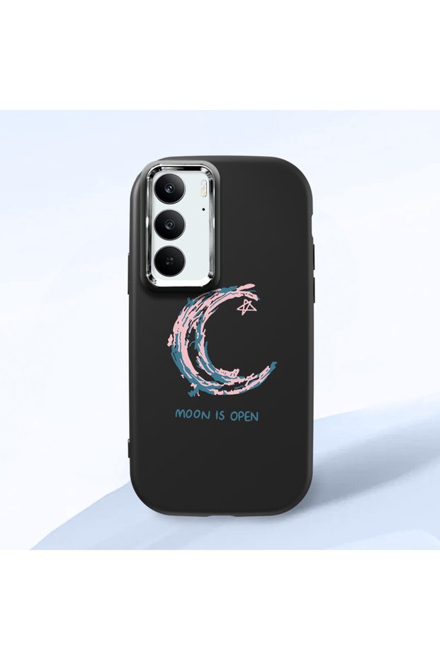 Realme C75 4g Compatible Shock-Absorbing Camera Protected Black Silicone Case Moon and Star Pattern