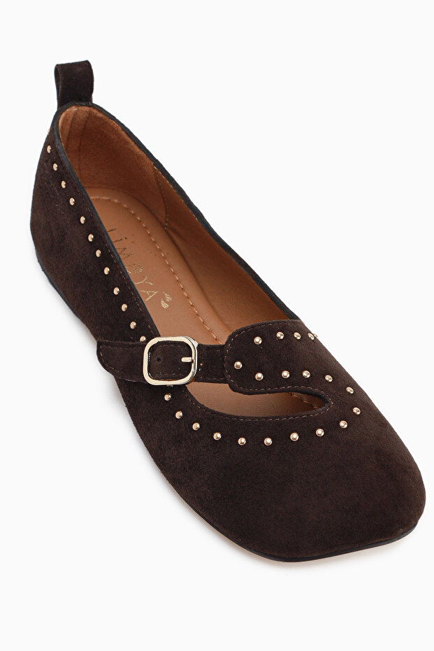 Nella Genuine Leather Brown Buckle Square Toe Women's Ballerinas