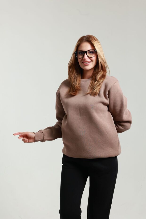 Women's Regular Fit Winter Crew Neck Brown Sweatshirt