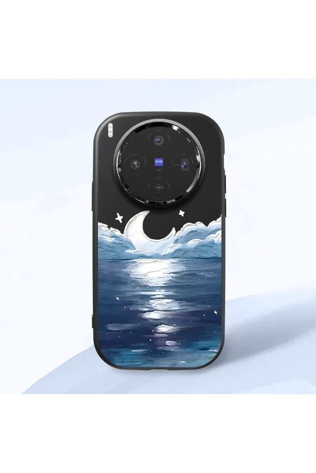 Vivo X300 Compatible Shock-Absorbing Camera Protected Black Silicone Case Moon Rising from the Sea