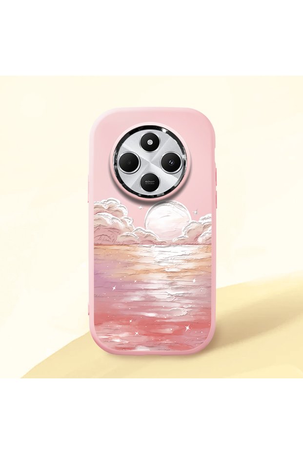 Pink Silicone Case Compatible with Redmi 14C 4G/5G Shock Absorption Camera Protection Sun Rise at Sea