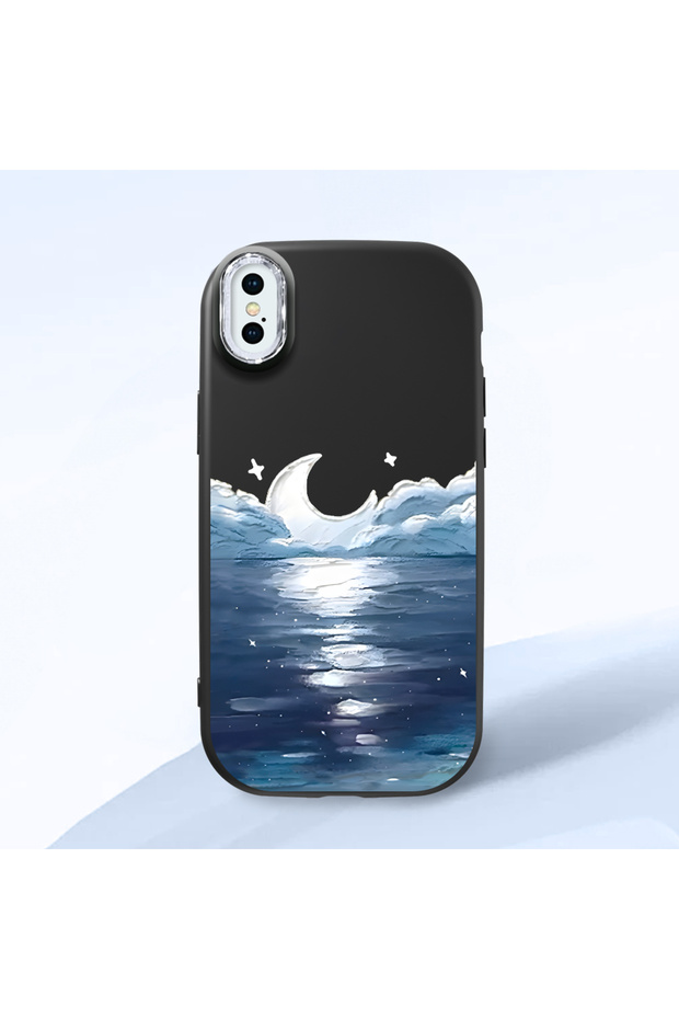 iPhone XS Max Compatible Shock-Absorbing Black Silicone Case with Camera Protection Moon Rising from the Sea