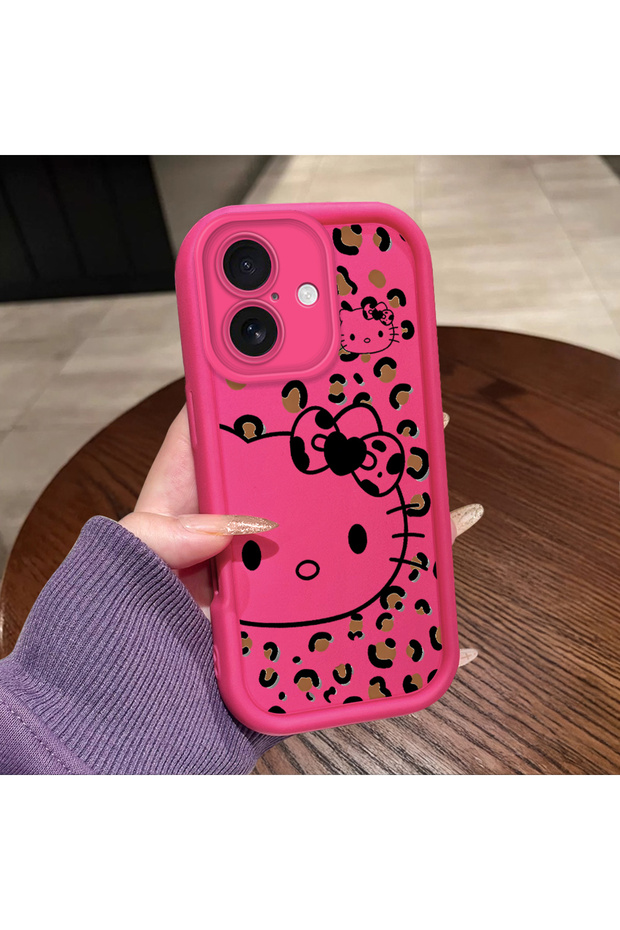 iPhone 17 Compatible Pink Red Silicone Leopard Pattern Kitty Case Shockproof Camera Protection