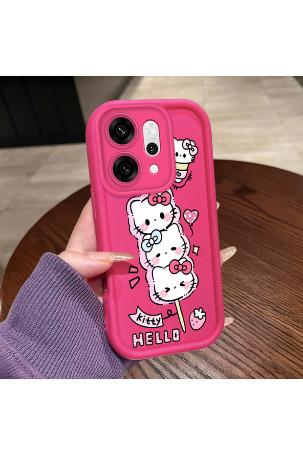 Oppo Reno 14 Pro Compatible Pink Red Silicone Strawberry Kitty Pattern Case Shockproof Camera Protection