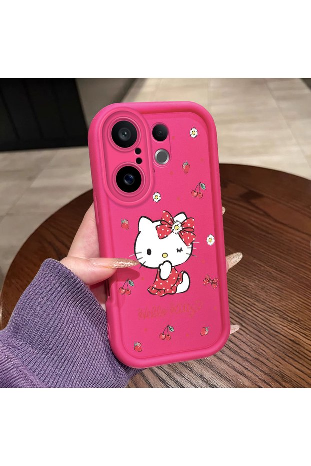 Vivo X200 Fe Compatible Pink Red Silicone Cherry Kitty Pattern Case Shockproof Camera Protection