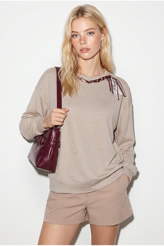 Women's Beige Gilded Printed Modal Oversize Sweatshirt with Chain and Scarf Detail 2266 60286477