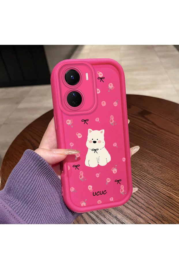 Vivo Y16 Compatible Pink Red Silicone Rose Dog Pattern Case Shockproof Camera Protection
