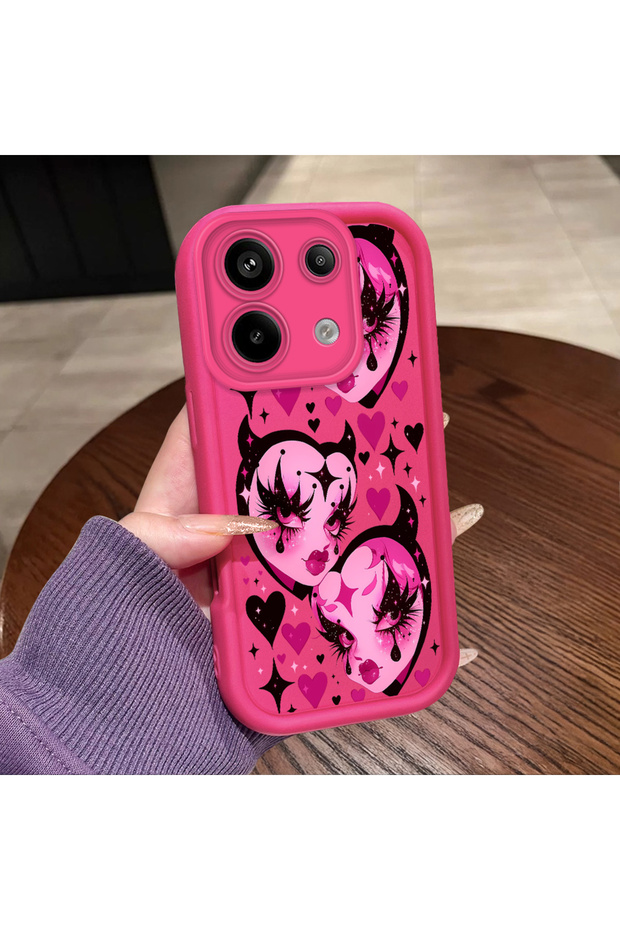 Redmi Note 13 Pro 5g Compatible Pink Red Silicone Heart Mask Pattern Case Shockproof Camera Protection