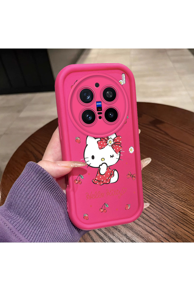 Vivo X200 Pro Compatible Pink Red Silicone Cherry Kitty Pattern Case Shockproof Camera Protection