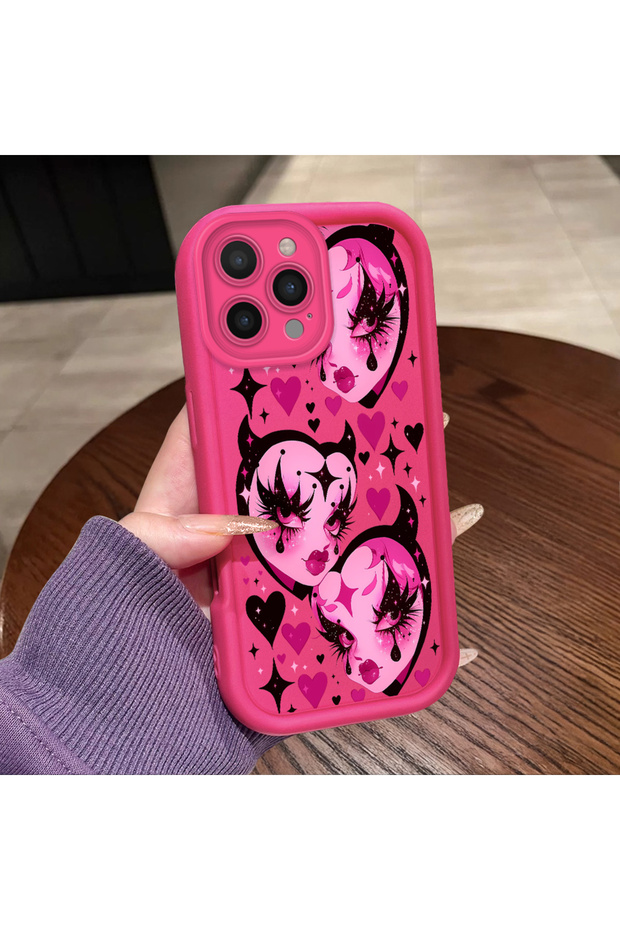 حافظة بنمط قناع القلب من السيليكون باللون الأحمر الوردي متوافقة مع هاتف iPhone 15 Pro Max، مقاومة للصدمات وحماية للكاميرا