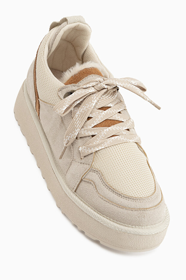 Reni Beige Suede Mesh Detailed Thick Sole Women's Casual Shoes