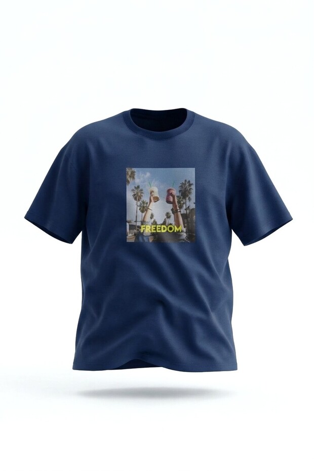 Freedom Printed - Premium Fabric Oversize Men's Short Sleeve T-Shirt Navy Blue