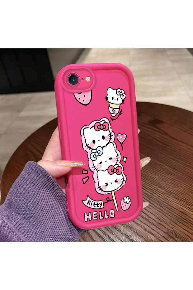 iPhone 7/8/Se 2020 2022 Compatible Pink Red Silicone Strawberry Kitty Pattern Case Shockproof Camera Protection
