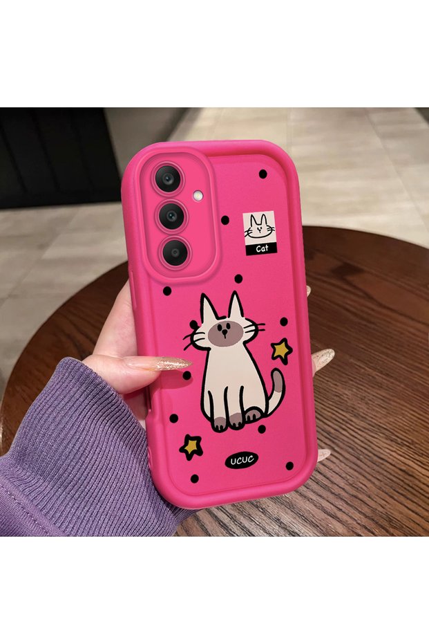 Samsung Galaxy S25 Compatible Pink Red Silicone Dotted Cat Pattern Case Shockproof Camera Protection