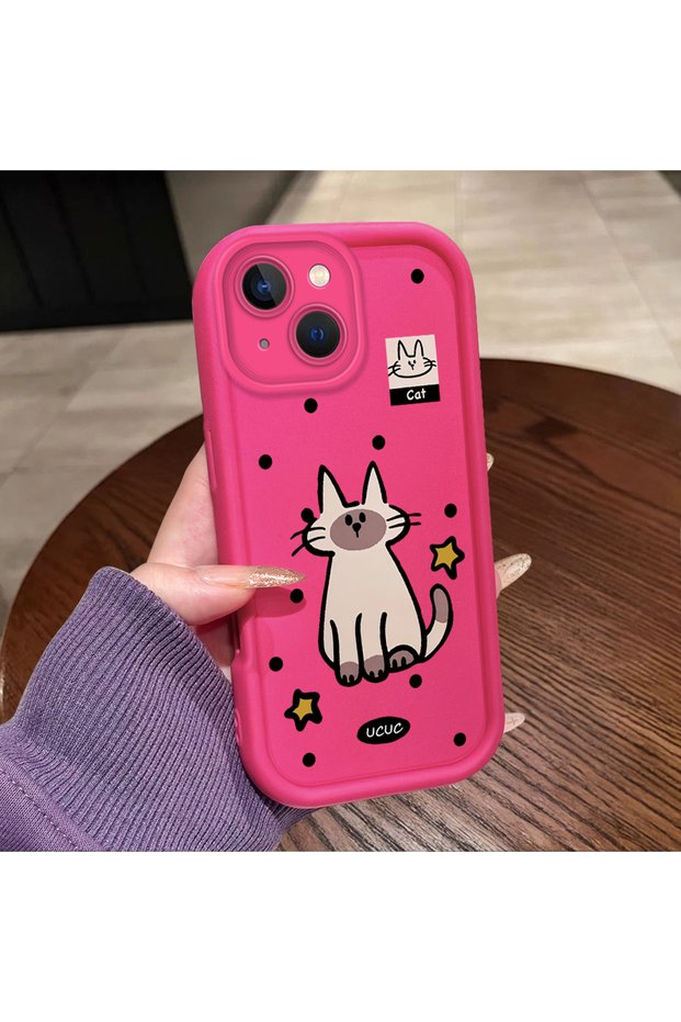 iPhone 15 Plus Compatible Pink Red Silicone Dotted Cat Pattern Case Shockproof Camera Protection