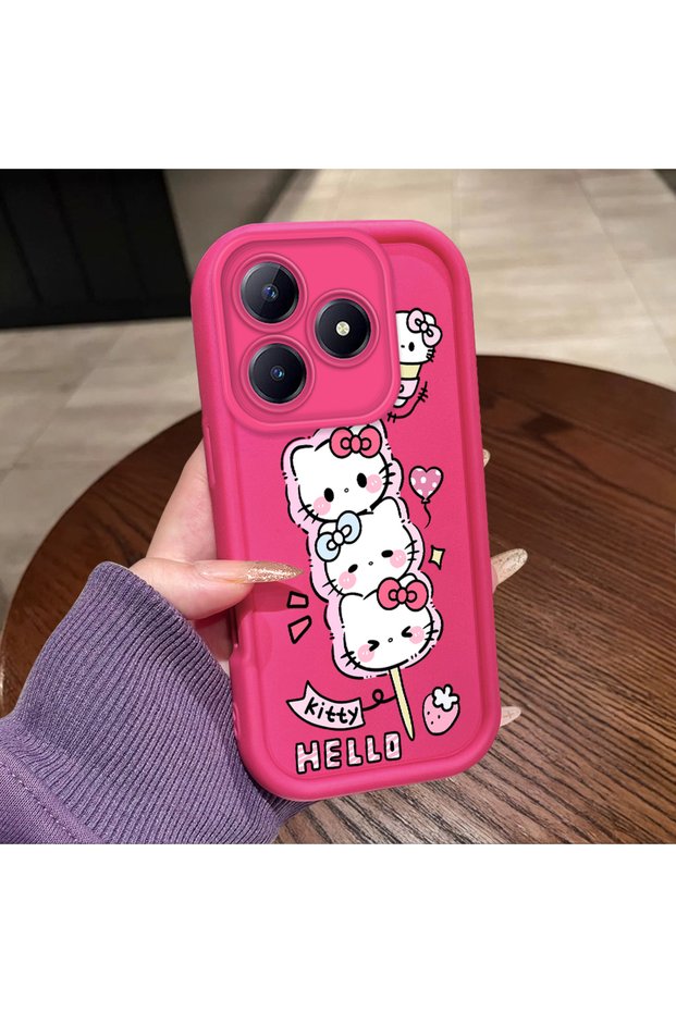 For Realme C63 4G/C61 Compatible Pink Red Silicone Strawberry Kitty Pattern Case Shockproof Camera Protection