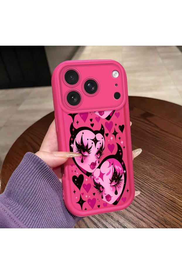 iPhone 17 Pro Compatible Pink Red Silicone Heart Mask Pattern Case Shockproof Camera Protection