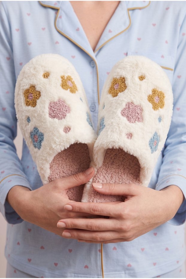 Women's Daisy Patterned Plush, Soft Insole Home Slippers