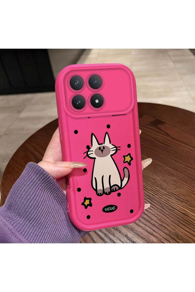 Poco F8 Pro Compatible Pink Red Silicone Dotted Cat Pattern Case Shockproof Camera Protection