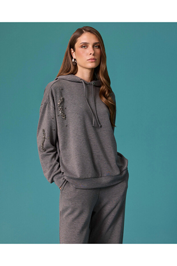Taş İşlemeli Kapüşonlu Sweatshirt