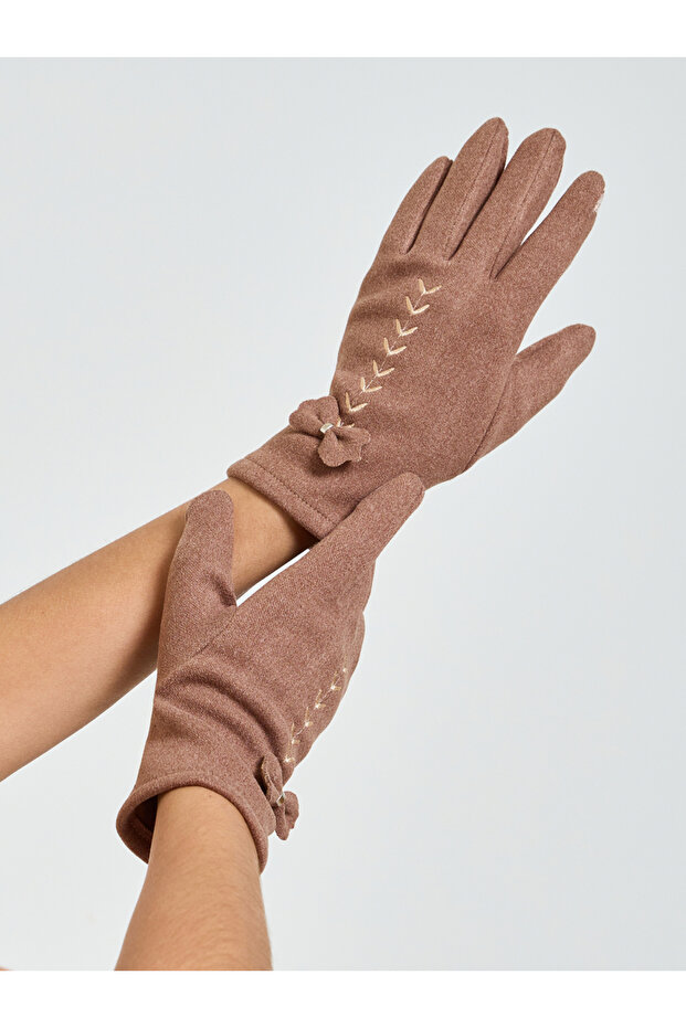 Brown Embellished Knitted Gloves with Bow Detail