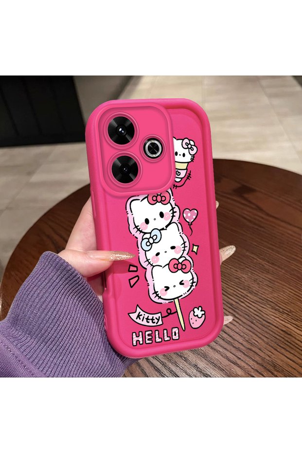 Redmi 13/13X Compatible Pink Red Silicone Strawberry Kitty Pattern Case Shockproof Camera Protection