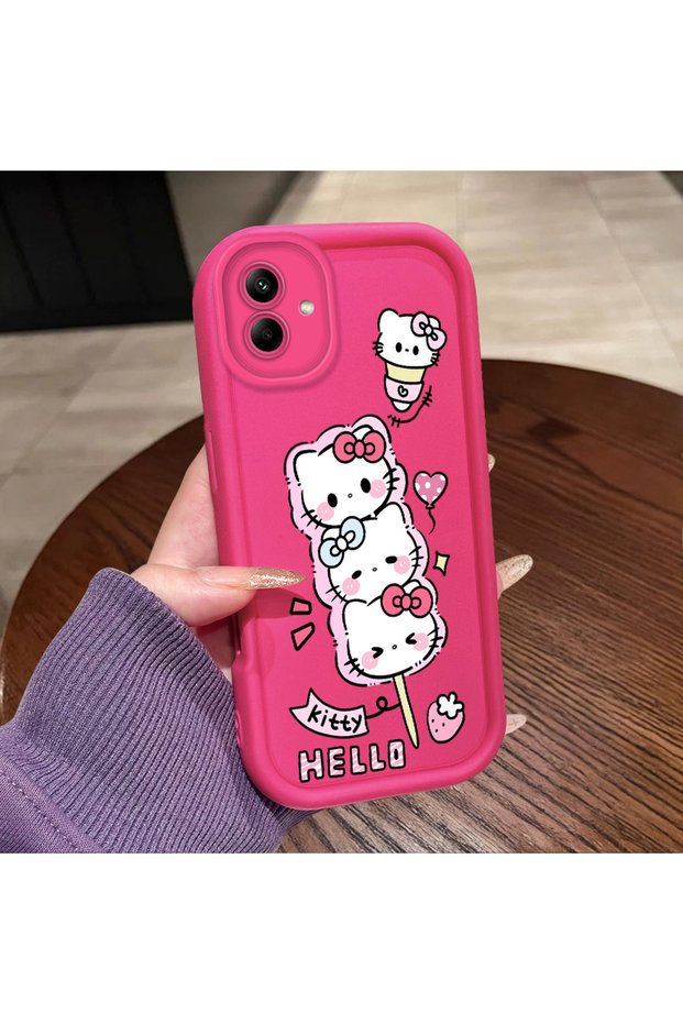Samsung Galaxy A04 Compatible Pink Red Silicone Strawberry Kitty Pattern Case Shockproof Camera Protection